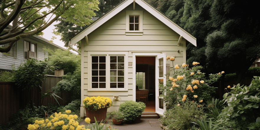 An accessory dwelling unit (ADU) on a lush green property. 